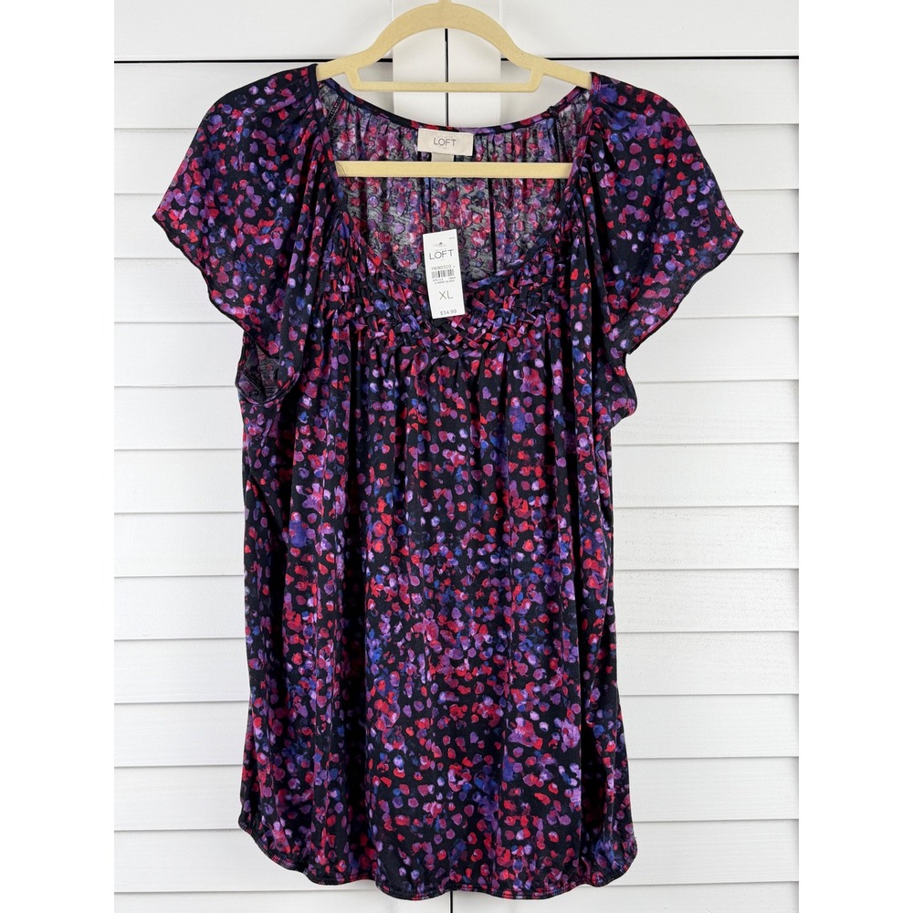 LOFT Flutter Sleeve Top XL Purple Abstract Floral Pleated Neck NEW